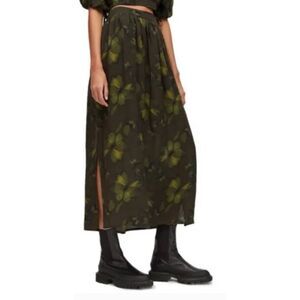 AllSaints Womens ASTA Ceres Linen Maxi Skirt Black Lime Butterflies Size 10 NWT‎